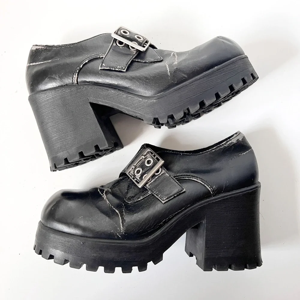 Vintage 90s Y2K Chunky Platform Square Toe Mary Jane Boots Shoes Grommets Size 9